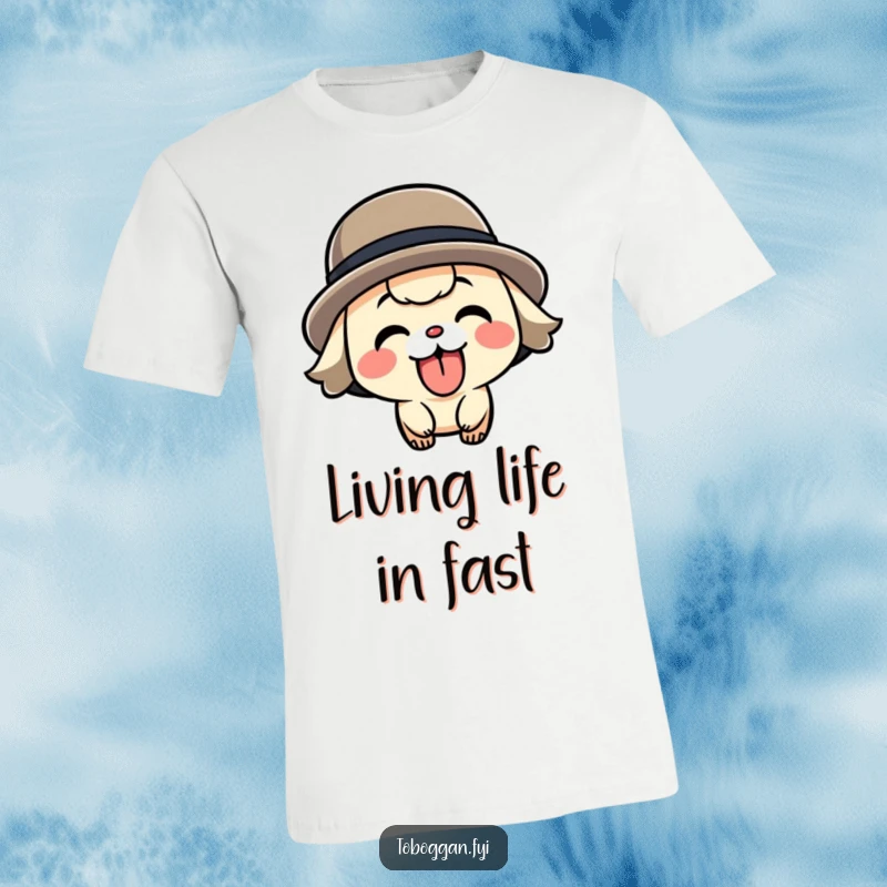 Funny speeding character t-shirt featuring a playful character with tongue out, depicted in motion.