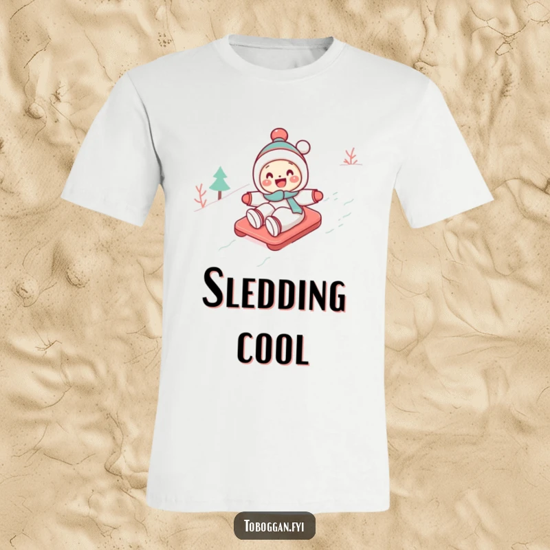 Funny Toboggan T-Shirt: A cute character gleefully toboggans down a snowy slope, bringing humor and winter cheer.