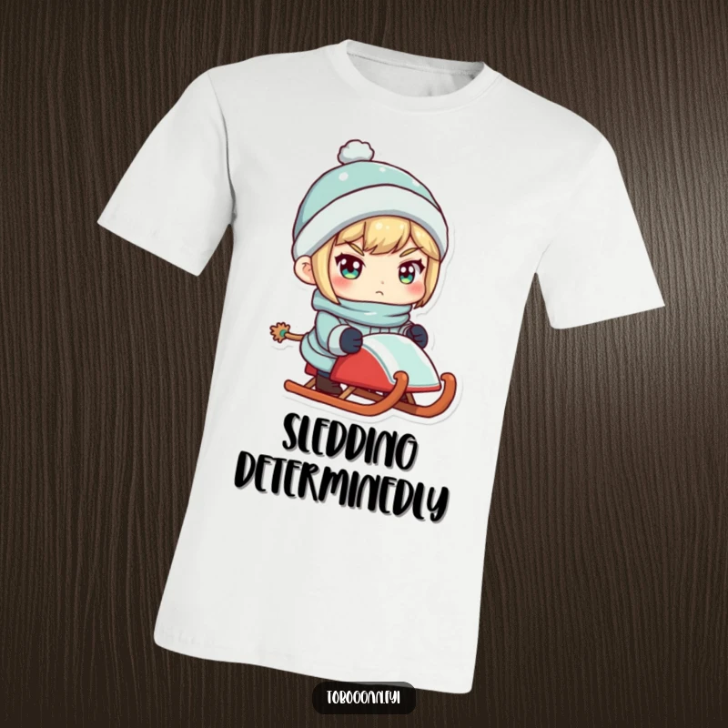Funny t-shirt with a determined character holding a sled, poised for an exciting winter descent.