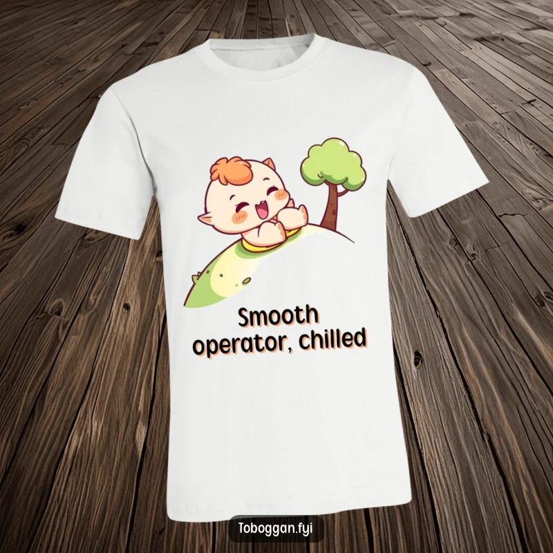 Funny sledding t-shirt with a character sliding downhill, giving a cheeky wink, capturing spirited winter fun.