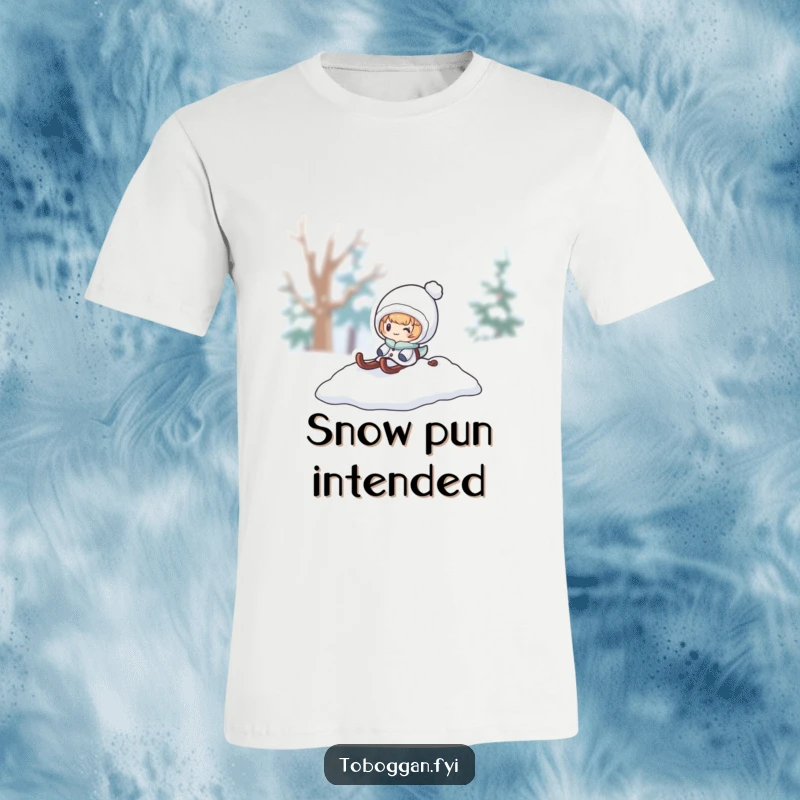 Funny snow sled t-shirt, a character emerges from a pile of snow on a sled, showcasing playful winter excitement.