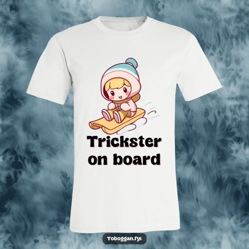 Funny toboggan t-shirt, a character performs a silly trick while riding a toboggan, showcasing energetic winter playfulness.