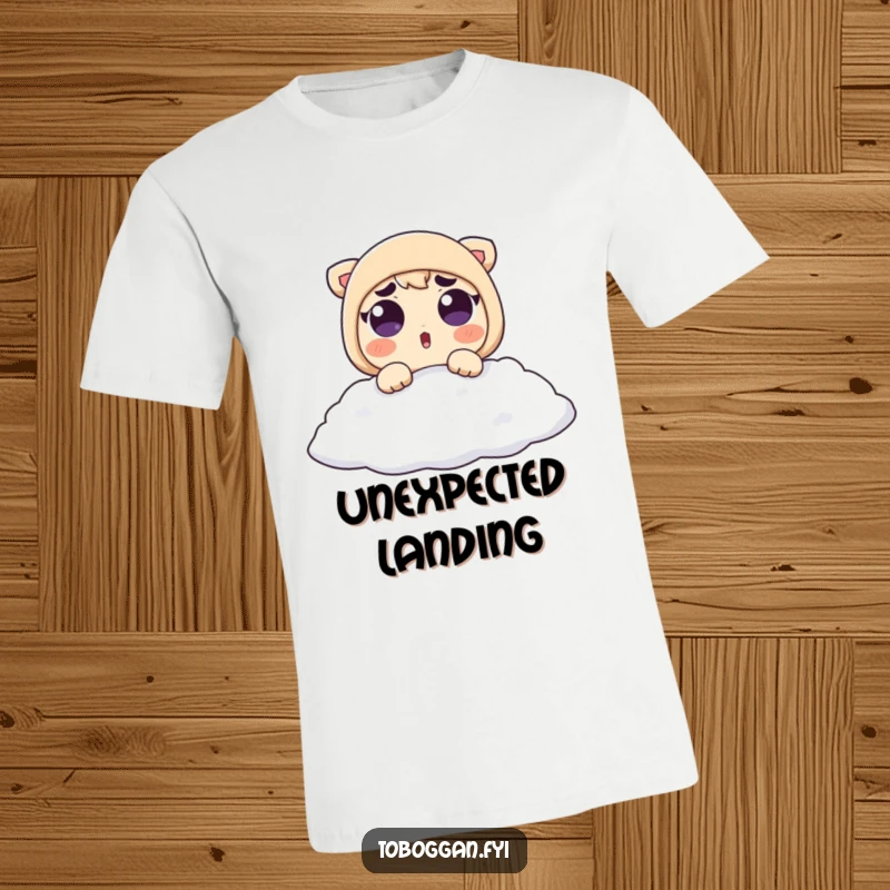 Funny T-Shirt: Character with raised eyebrows looks surprised as they slide into a soft pile of snow, enjoying the moment.
