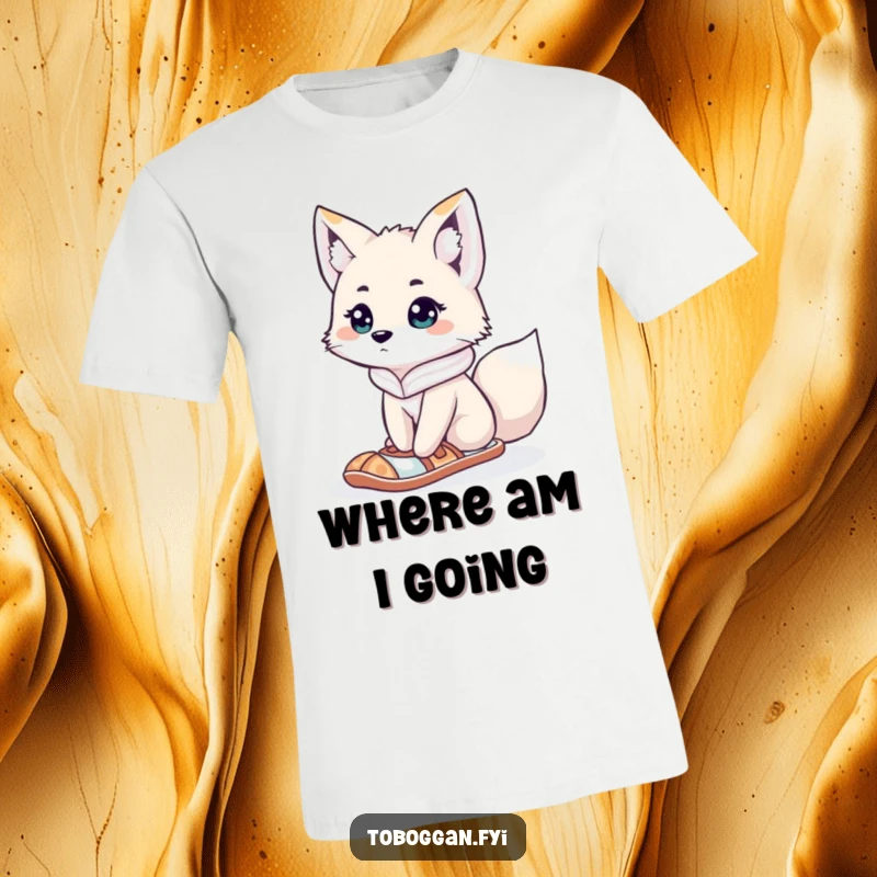 Funny curious arctic fox in a snowshoe looking lost on a t-shirt, ideal for explorers and fans of cute, humorous animal designs.