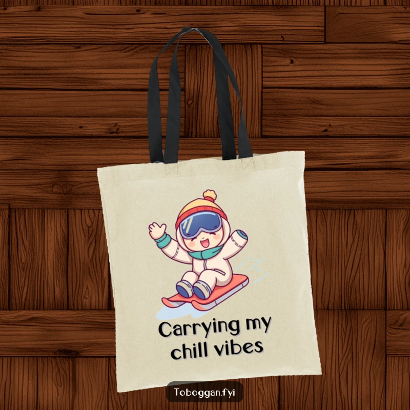 Funny tote bag with a character waving joyfully while sledding downhill, illustrating a hilarious and energetic winter scene.
