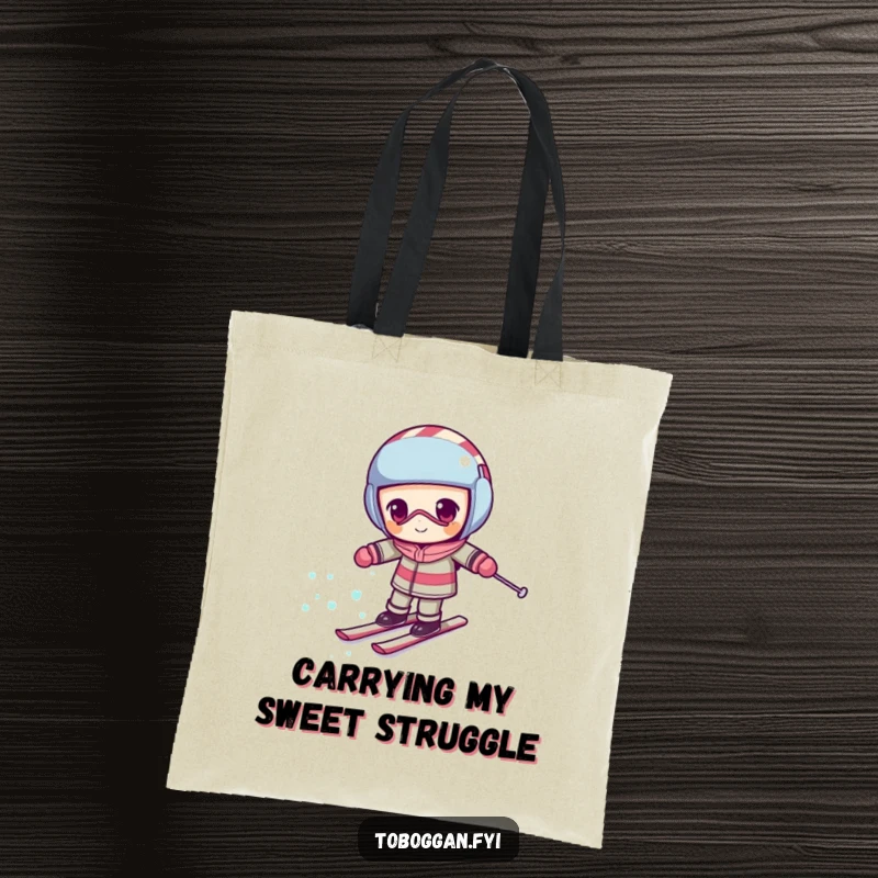 Funny candy cane tote bag with a determined character comically skiing uphill, a humorous and functional accessory.