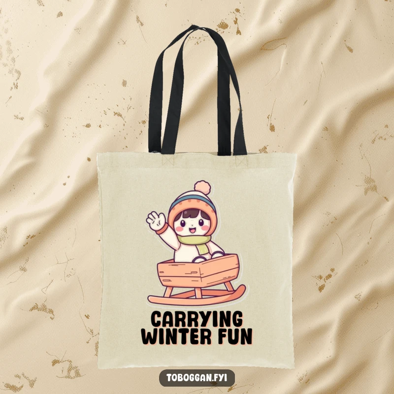 Funny waving toboggan character tote bag, practical and stylish accessory featuring a cheerful character waving from a toboggan.