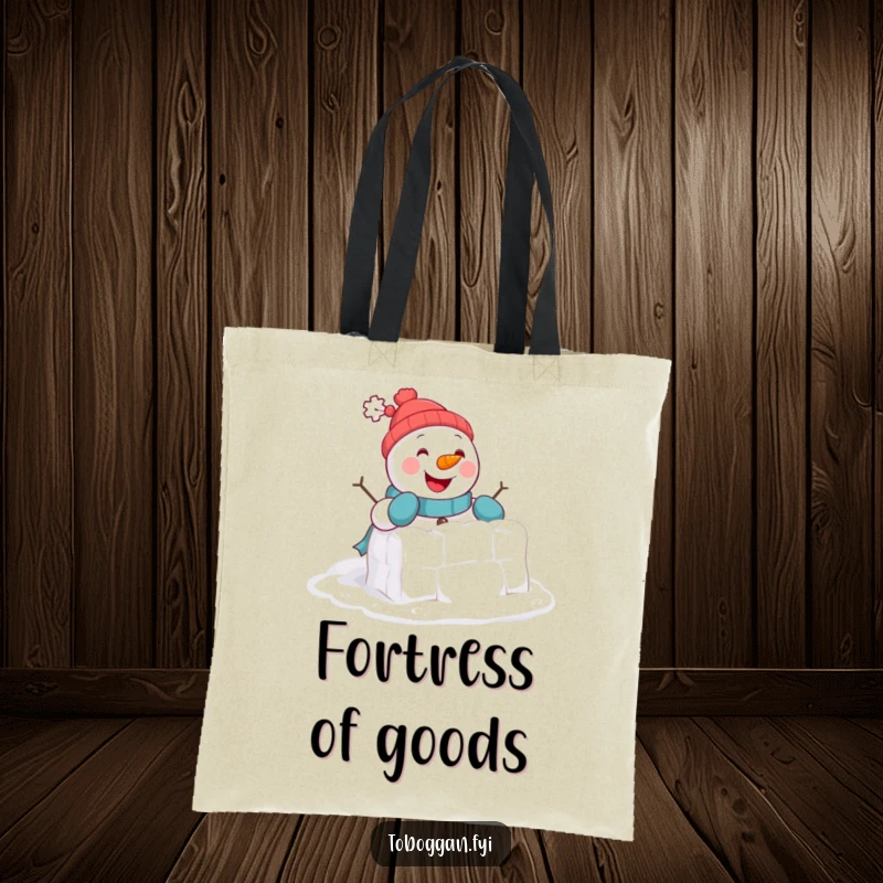 Funny Tote Bag: A cheerful snowman comically attempts to build a tiny snowball fort, perfect for carrying winter gear.