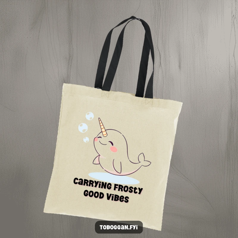 Funny narwhal tote bag with a giggling character comically blowing snow bubbles, a cheerful and practical accessory.