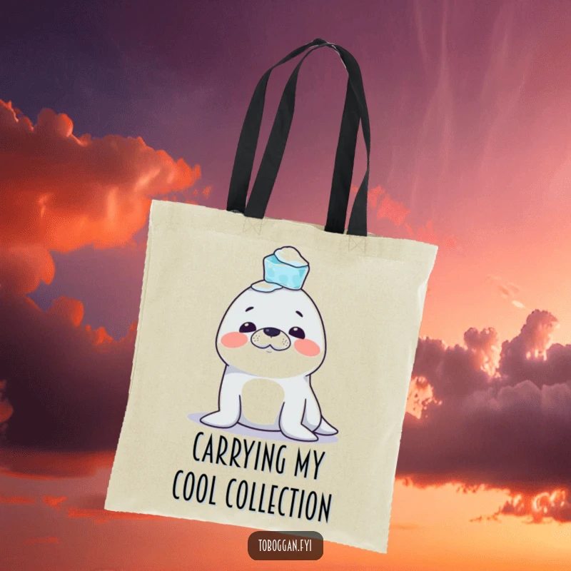 Funny Seal Tote Bag: A mischievous seal character attempts to balance icicles on its nose, making it a charming and humorous accessory.