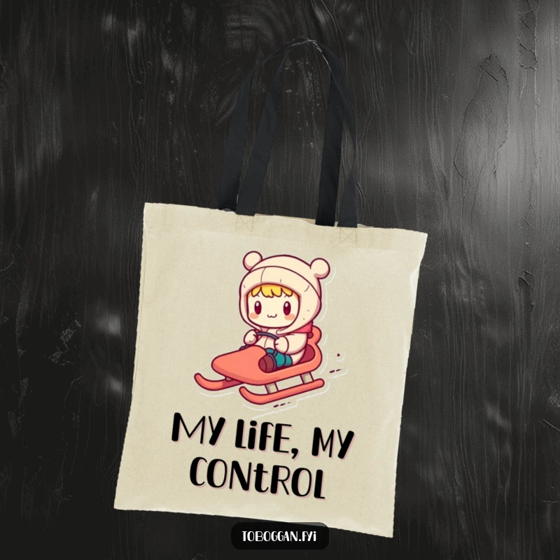 Funny tote bag depicting a character comically steering a toboggan with exaggerated motions, perfect for carrying essentials.