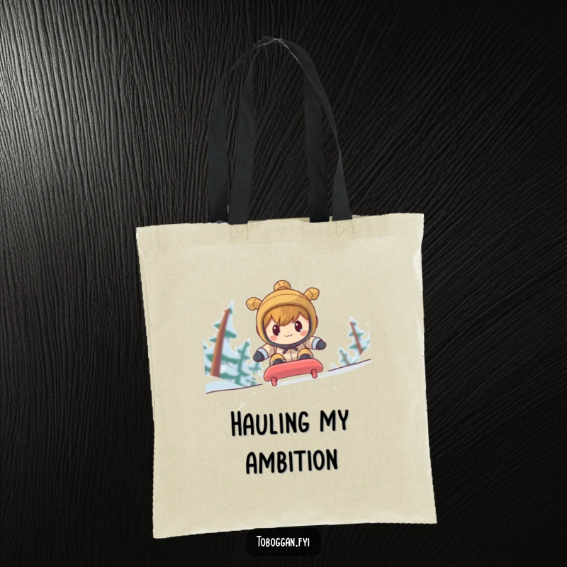 Funny character with a determined expression racing down a steep toboggan run on a durable tote bag.