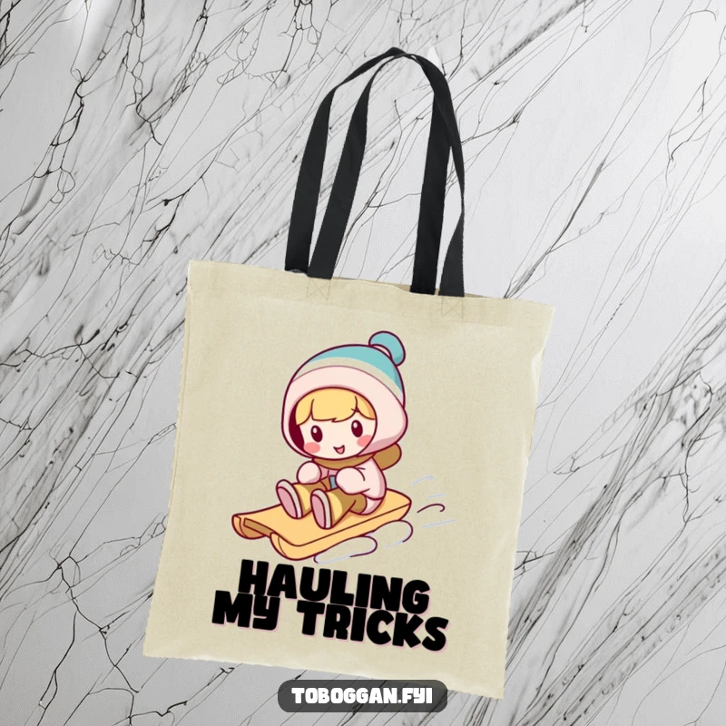 Funny toboggan tote bag, a character performs a silly trick on a sled, perfect for carrying items with humor.