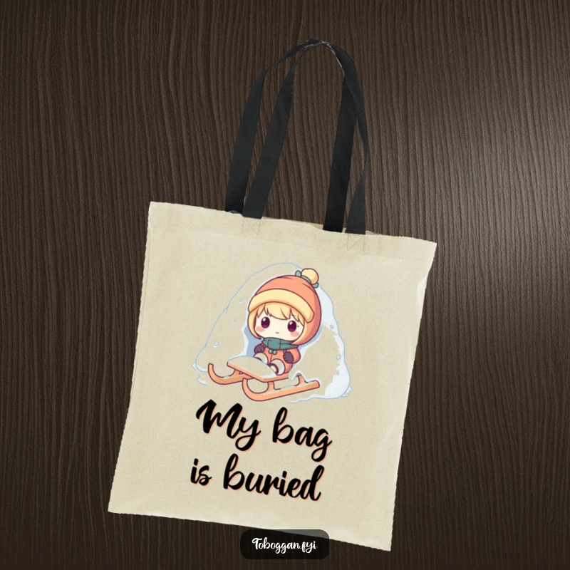 Funny snow surprise tote bag with a character popping out from snow on a sled, ideal for carrying items with winter fun.