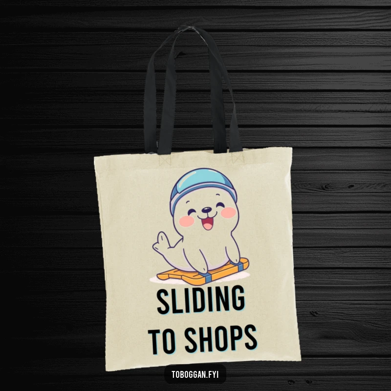 Funny delighted seal in a helmet trying to slide on a durable tote bag, a cute and humorous accessory for winter enthusiasts.