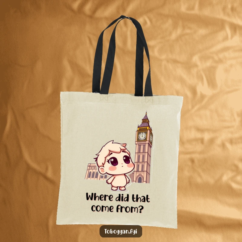 Funny tote bag depicting a curious character on a toboggan, looking up in wonder at falling snowflakes during a winter outing.