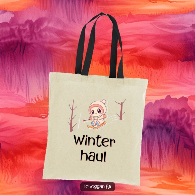 Funny Tote Bag with a cute character wearing wide eyes, happily zipping down a snowy hill